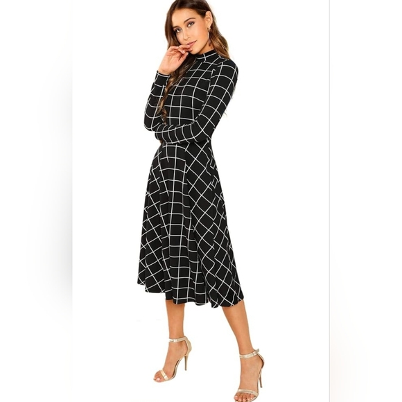 [Floerns] Women's Fit and Flare Plaid High Neck Long Sleeve Midi 《XXL》 - Picture 2 of 16